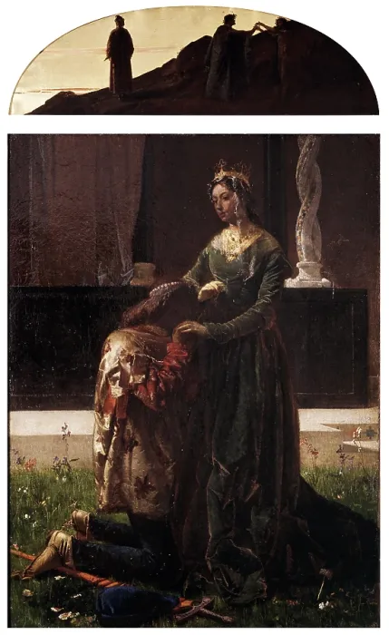 Framed Print : The Love of the Poet or Sordello and Cunizza, Countess of San Bonifacio, by Federico Faruffini, 1864, 19th Century, oil on canvas - Italy, Lombardy, Milan, Brera Collection