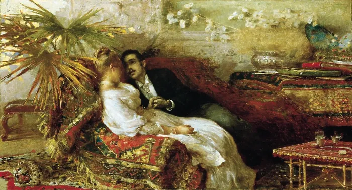 Framed Print : Love of Simoni, by Angelo Dall'Oca Bianca, 1886, 19th Century, oil on canvas - Private collection. Whole artwork view