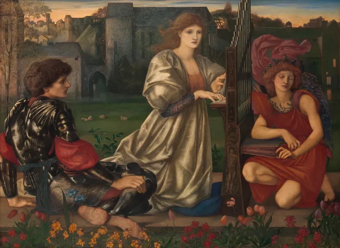 Framed Print : THE LOVE SONG, by Sir Edward Burne-Jones, 1868-77, British painting, oil on canvas. In center, a young woman kneels as she plays a small pipe organ