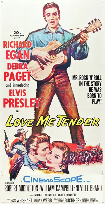 Framed Print : LOVE ME TENDER, top: Elvis Presley, bottom l-r: Richard Egan, Elvis Presley, Debra Paget on poster art, 1956, TM and Copyright 20th Century Fox Film Corp