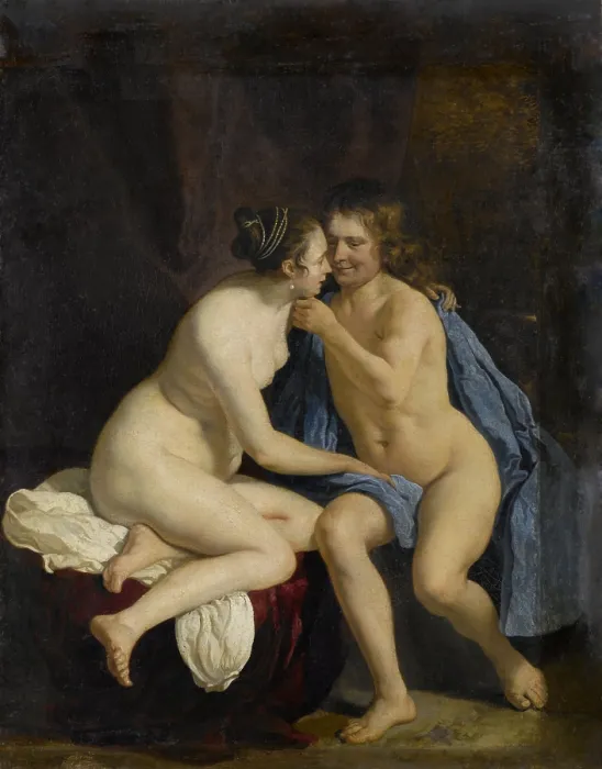 Framed Print : Lovers, by Jacob van Loo, 1650-60, Dutch painting, oil on canvas. Unclothed young man and woman caressing