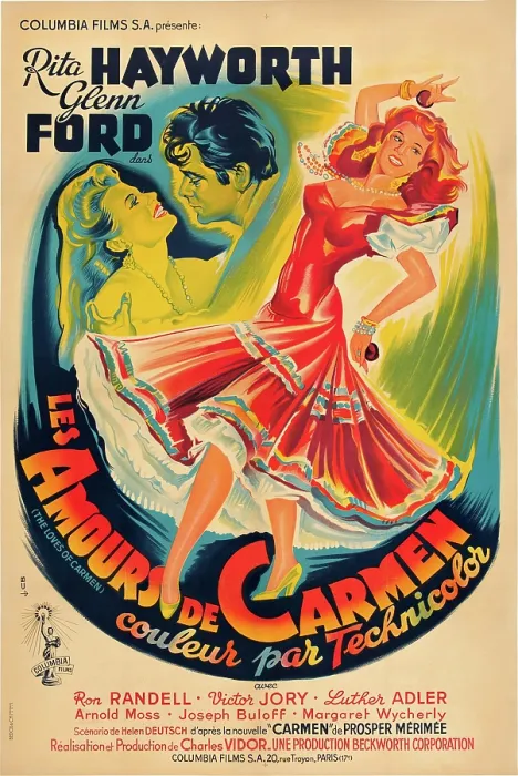Framed Print : THE LOVES OF CARMEN, (aka LES AMOURS DE CARMEN), from left: Rita Hayworth, Glenn Ford, Rita Hayworth on French poster art, 1948