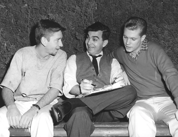 Framed Print : THE MANY LOVES OF DOBIE GILLIS, (aka DOBIE GILLIS), from left: Bob Denver, Max Shulman, authoer / creator, Dwayne Hickman, 1959-63