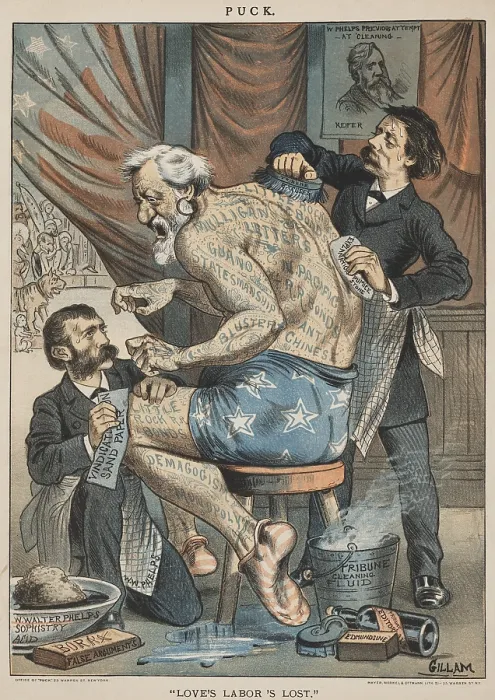 Framed Print : LOVE'S LABOR LOST, political cartoon from PUCK Magazine, May 7, 1884. Republican Presidential candidate, James Blaine, sitting on a stool while Whitelaw Reid and William W Framed Print : LOVE'S LABOR LOST, political cartoon from PUCK Magazine, May 7, 1884. Republican Presidential candidate, James Blaine, sitting on a stool while Whitelaw Reid and William W