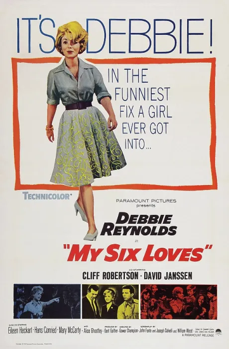 Framed Print : MY SIX LOVES, US poster art, top: Debbie Reynolds; bottom, center insert: David Janssen, Debbie Reynolds, Cliff Robertson, 1963