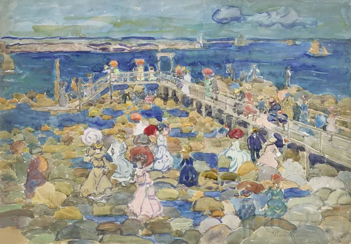 Framed Print : LOW TIDE, BEACHMONT, by Maurice Brazil Prendergast, 1900-05, American painting, watercolor. People enjoying beach at low tide in Beachmont, a suburb north of Boston Framed Print : LOW TIDE, BEACHMONT, by Maurice Brazil Prendergast, 1900-05, American painting, watercolor. People enjoying beach at low tide in Beachmont, a suburb north of Boston