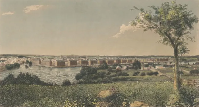 Framed Print : Lowell, Massachusetts, was sited at the confluence of the Merrimack and Concord rivers, with a row of textile mills along the Merrimack River, 1840-1860 Framed Print : Lowell, Massachusetts, was sited at the confluence of the Merrimack and Concord rivers, with a row of textile mills along the Merrimack River, 1840-1860