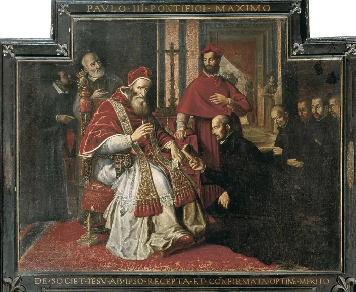 Framed Print : Loyola, Saint Ignacius of (1491-1556); PAUL III (1468-1549). Saint Ignacius of Loyola (kneeling) presenting the rule of the Company of Jesus to the Pope Paul III to approve it (7th September 1540)