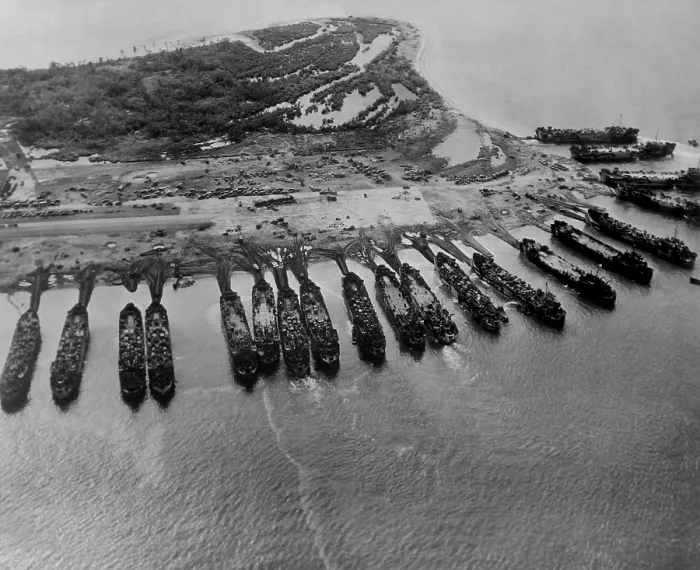 Framed Print : LST's moored near Tacloban, Leyte Island, Philippines, shortly after the Oct. 20, 1944 invasion