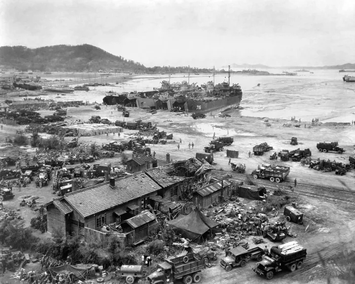 Framed Print : Four LST's unload men and equipment on Red Beach at Inchon, Korea. Sept. 15, 1950 Framed Print : Four LST's unload men and equipment on Red Beach at Inchon, Korea. Sept. 15, 1950