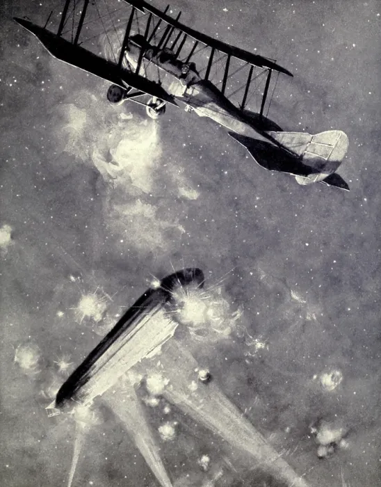 Framed Print : Lt. A. De Bathe Brandon attacking Zeppelin raiders over England on March 31, 1916. The New Zealand pilot Brandon was awarded the Military Cross for the action Framed Print : Lt. A. De Bathe Brandon attacking Zeppelin raiders over England on March 31, 1916. The New Zealand pilot Brandon was awarded the Military Cross for the action