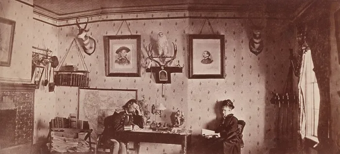 Framed Print : Lt. Colonel Custers snuggery at Fort Abraham Lincoln in Dakota Territory, April, 6th 1874. Libbie Custer followed her husband to his postings
