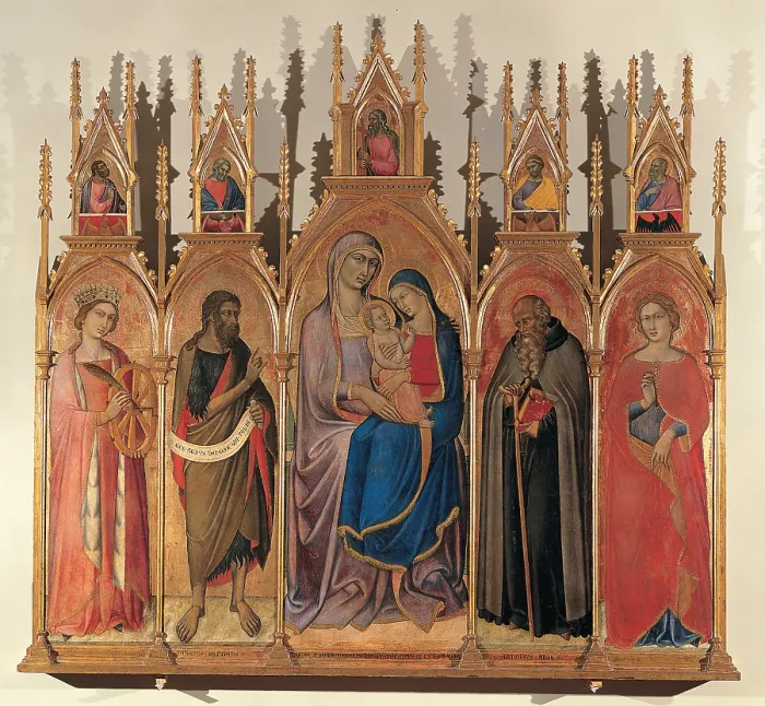 Framed Print : Luca di Tomm, St Anna Metterza between St Caterina d'Alessio, the Baptist, St Anthony Abbot and St Agnes, 14th Century, Tavola, Italy, Tuscany, Siena Framed Print : Luca di Tomm, St Anna Metterza between St Caterina d'Alessio, the Baptist, St Anthony Abbot and St Agnes, 14th Century, Tavola, Italy, Tuscany, Siena