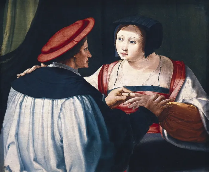 Framed Print : LUCAS VAN LEYDEN (1494-1533). The loving couple. Early 16th century. Dutch school. Renaissance art. Oil on wood. FRANCE. Strasbourg. Fine Arts Museum