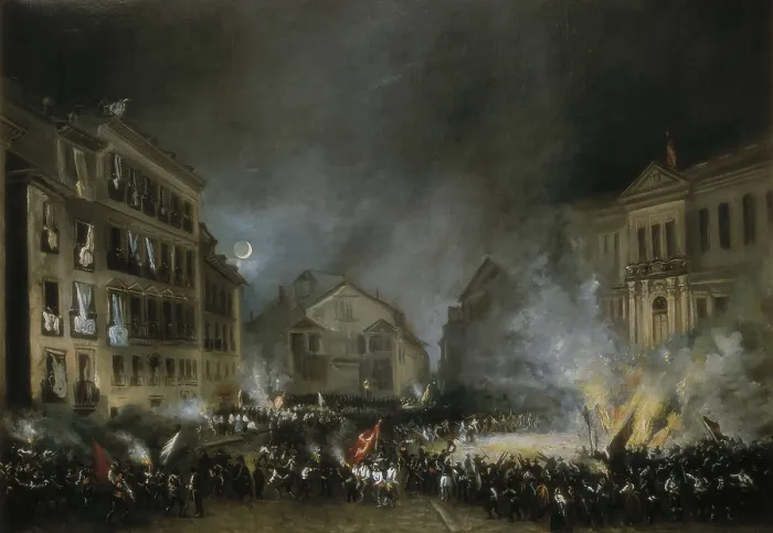 Framed Print : LUCAS VELAZQUEZ, Eugenio (1817-1870). Episode of Revolution of 1854 in Puerta del Sol. 1855. Oil on canvas. SPAIN. Madrid. Municipal Museum