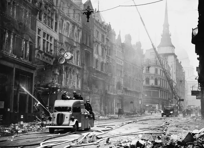Framed Print : Ludgate Hill area of London with firemen, equipment, and burnt out buildings during the Blitz