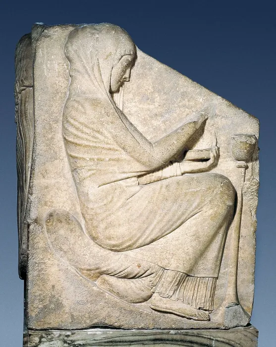 Framed Print : Ludovisi Throne. ca. 470 - 460 BC. Relief of the right side. Woman burning incense. Archaic Greek art. Relief on marble. ITALY. Rome. National Roman Museum