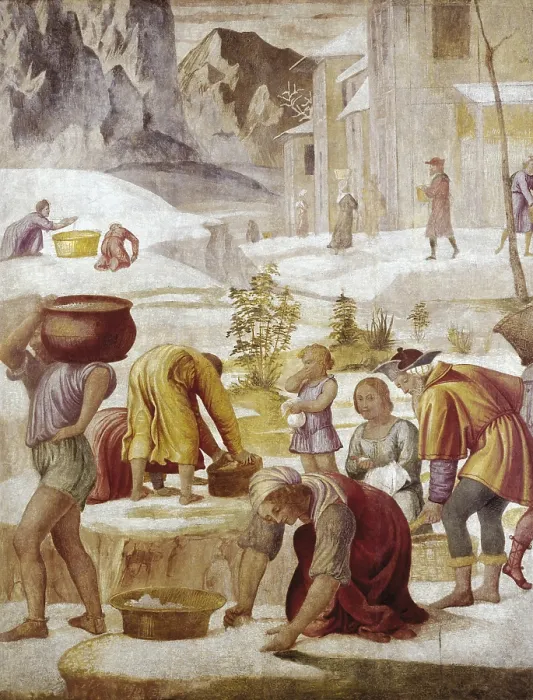 Framed Print : LUINI, Bernardino (1480-1532). The Gathering of the Manna. 1520-1523. Piece of the oil on canvas, formerly a wall painting. Renaissance art. Quattrocento. Fresco. ITALY. Milan