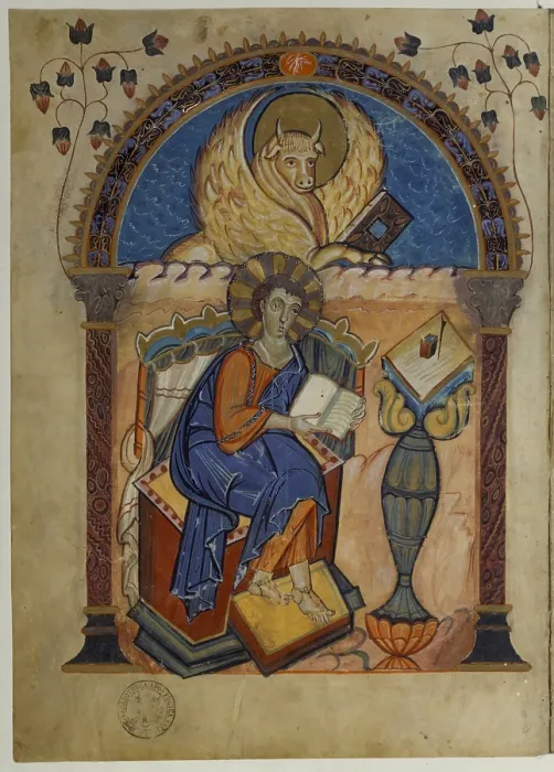 Framed Print : Luke the Evangelist. Evangeliarium from Lorsch. ms. Pal. Lat. 50 fol. Iv. ca. 778 - 820, 7th Century, miniature - Vatican City, Apostolic Vatican Library. Whole artwork view Framed Print : Luke the Evangelist. Evangeliarium from Lorsch. ms. Pal. Lat. 50 fol. Iv. ca. 778 - 820, 7th Century, miniature - Vatican City, Apostolic Vatican Library. Whole artwork view