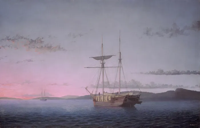 Framed Print : Lumber Schooners at Evening on Penobscot Bay, by Fitz Henry Lane, 1863, American oil painting