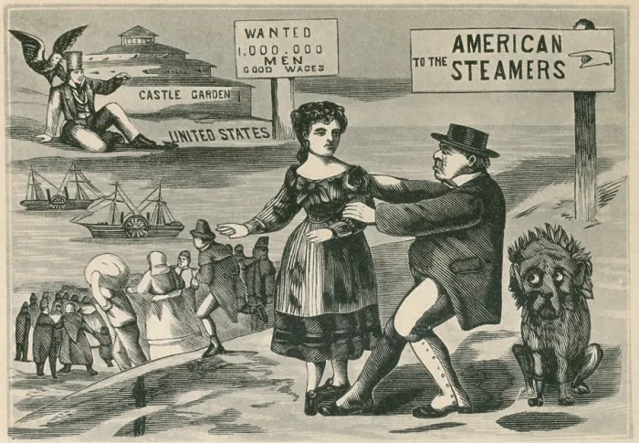Framed Print : THE LURE OF AMERICAN WAGES. John Bull (personification of England) restrains a female emigrant, heading for steam ships to the United States. In the 1840s and 50's U.S Framed Print : THE LURE OF AMERICAN WAGES. John Bull (personification of England) restrains a female emigrant, heading for steam ships to the United States. In the 1840s and 50's U.S