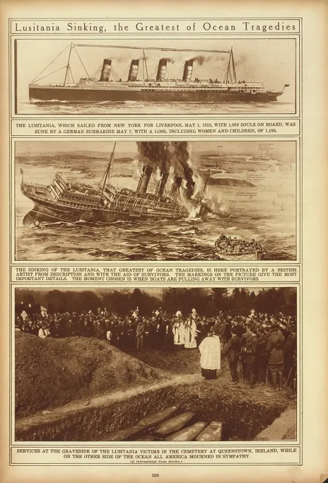 Framed Print : LUSITANIA SINKING THE GREATEST OF OCEAN TRAGEDIES. Top The Lusitania. Center Lusitania Sinking. Bottom Funeral and Mass grave for Lusitania Victims in Ireland