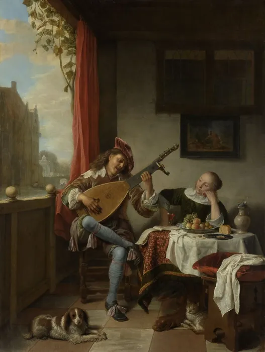 Framed Print : The Lutenist, by Hendrick Sorgh, 1661, Dutch painting, oil on panel. Young man is singing and playing the lute on an open veranda beside a young women