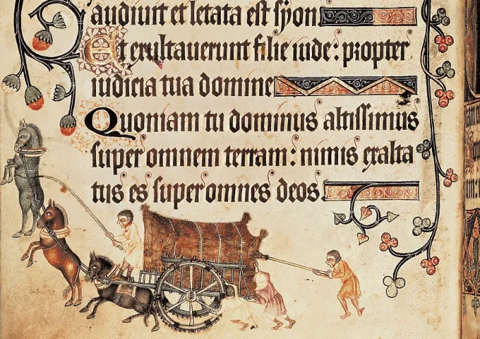 Framed Print : Luttrell Psalter. 14th c. Blocked cart pulled by horses and helped by men. Gothic art. Miniature Painting. UNITED KINGDOM. London. The British Museum