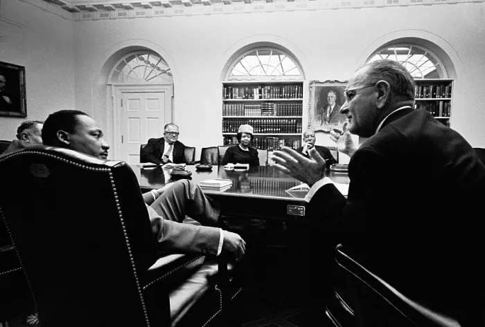 Framed Print : Lyndon Johnson meeting with civil rights leaders at the White House. In the foreground are LBJ and Martin Luther King, Jr