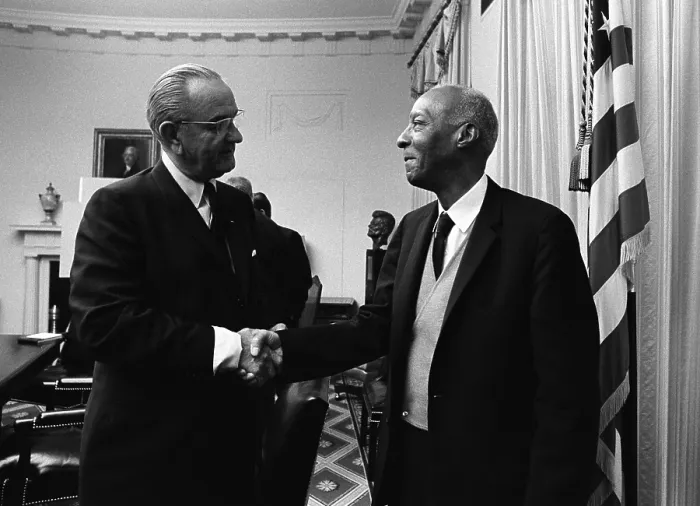 Framed Print : Lyndon Johnson shakes hands with A. Philip Randolph (1889-1979)
