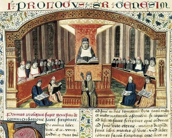 Framed Print : LYRE, NicolAs de (1270-1340). Theologian. Lesson in Theology at Sorbonne (15th c.). Illustration to text written by Nicolas de Lyre. Gothic art. Miniature Painting. FRANCE Framed Print : LYRE, NicolAs de (1270-1340). Theologian. Lesson in Theology at Sorbonne (15th c.). Illustration to text written by Nicolas de Lyre. Gothic art. Miniature Painting. FRANCE