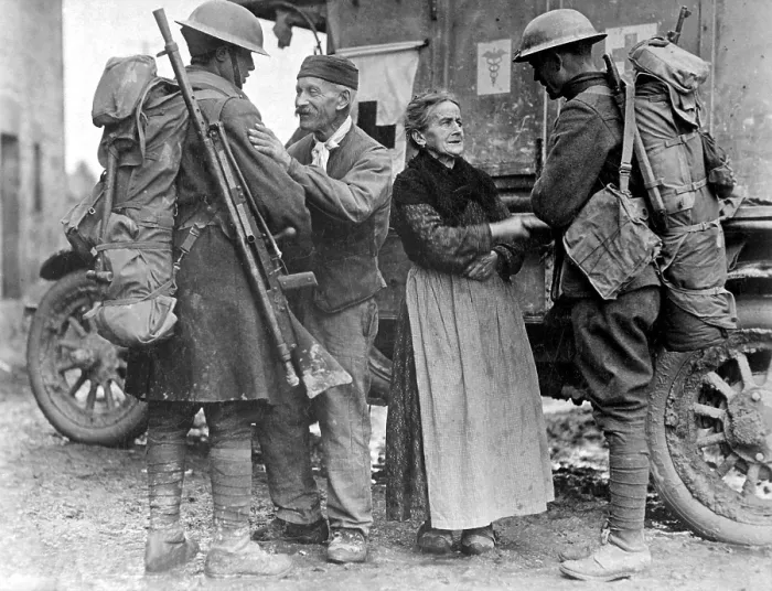 Framed Print : M. and Mme. Baloux of Brieulles-sur-Bar, France, endured German occupation for four years, greeting American soldiers in the last days of World War I. Nov. 6, 1918