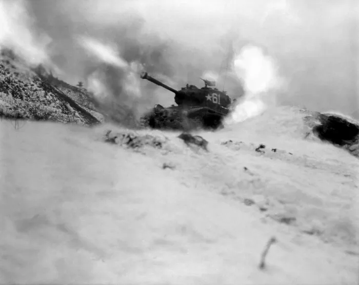 Framed Print : M46 tank of 6th Tank Battalion fires on enemy positions in support of the infantry near Song Sil-li, Korea Framed Print : M46 tank of 6th Tank Battalion fires on enemy positions in support of the infantry near Song Sil-li, Korea
