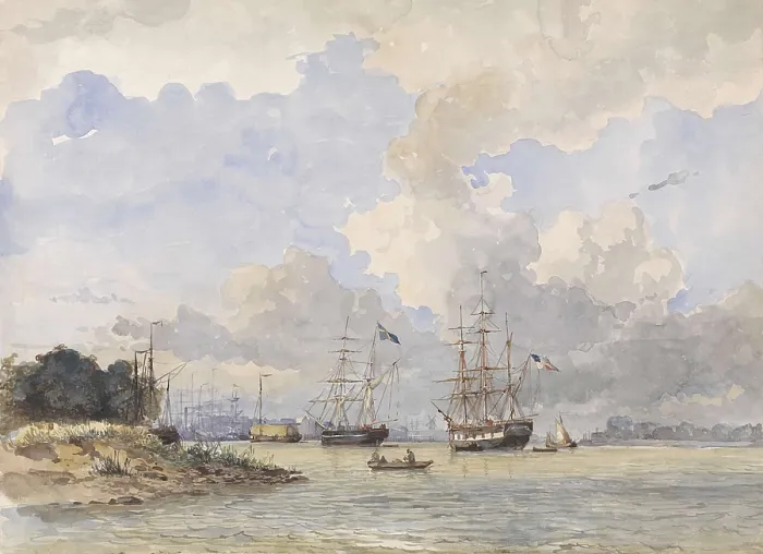 Framed Print : Maas in Rotterdam with American and Swedish Ships, by Willem Anthonie van Deventer, c. 1840-60, Dutch painting, watercolor on paper (BSLOC_2016_2_236)