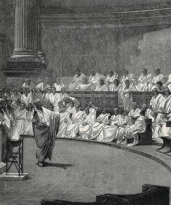 Framed Print : MACCARI, Csar (1840-1919). Cicero Denouncing Catiline. 1880. Detail of the engraving based on Cesare Maccari's work, published at La Ilustracin Artstica. Engraving