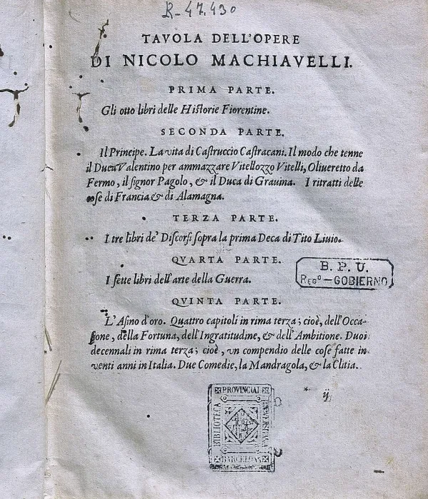 Framed Print : MACHIAVELLI, Niccol (1469-1527). Edition of the Machiavelli's complete works published in 1550. Contents. Engraving. SPAIN. Barcelona. Barcelona University Library Framed Print : MACHIAVELLI, Niccol (1469-1527). Edition of the Machiavelli's complete works published in 1550. Contents. Engraving. SPAIN. Barcelona. Barcelona University Library