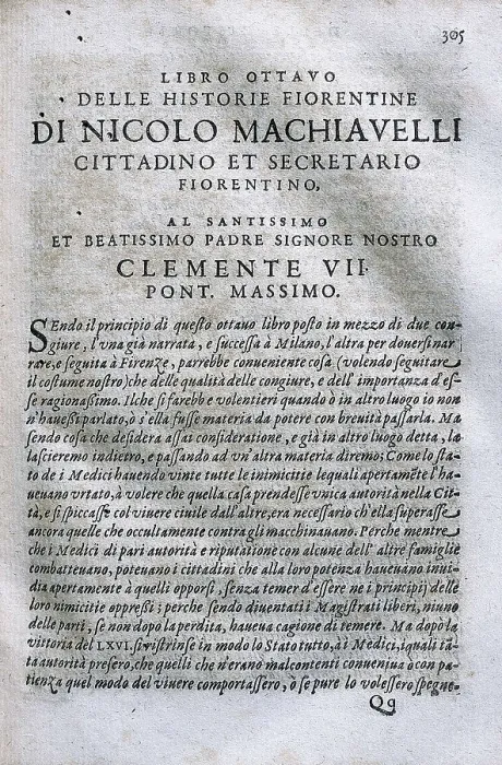 Framed Print : MACHIAVELLI, Niccol (1469-1527). Beginning of the eighth book of 'Florentine Histories' from a complete edition of his works (1550). Engraving. SPAIN. Barcelona