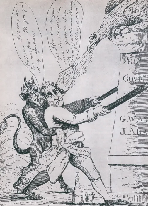 Framed Print : MAD TOM IN A RAGE. Federalist cartoon depicting Jefferson as a brandy-soaked anarchist tearing down the pillars of government. Ca. 1795-1809