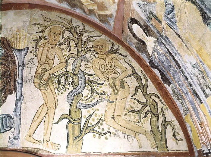Framed Print : MADERUELOMaster of (12th century). Original Sin. 12th c. Romanesque art. Fresco. SPAIN. Madrid. Prado Museum. Proc: SPAIN. Maderuelo. Hermitage of Veracruz