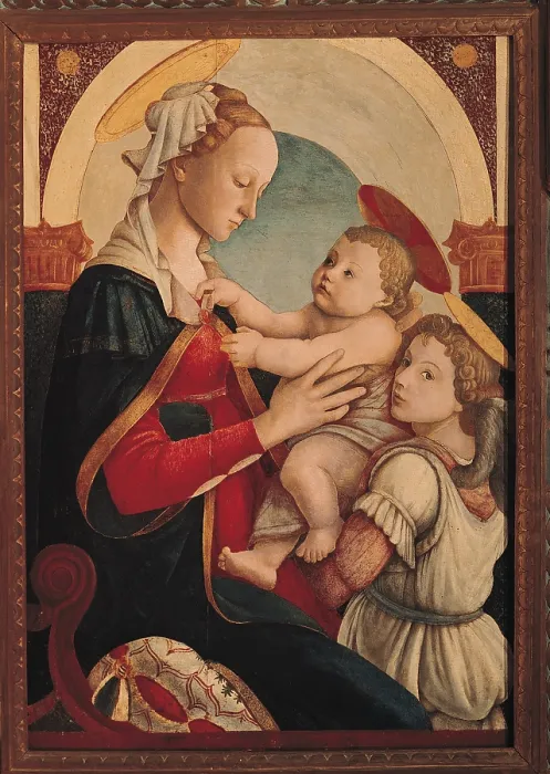Framed Print : Madonna and Child with an Angel, by Sandro Filipepi Known as Botticelli, 1465 - 1467, 15th Century, panel, cm 87 x 60 - Italy, Tuscany, Florence, Ospedale degli Innocenti