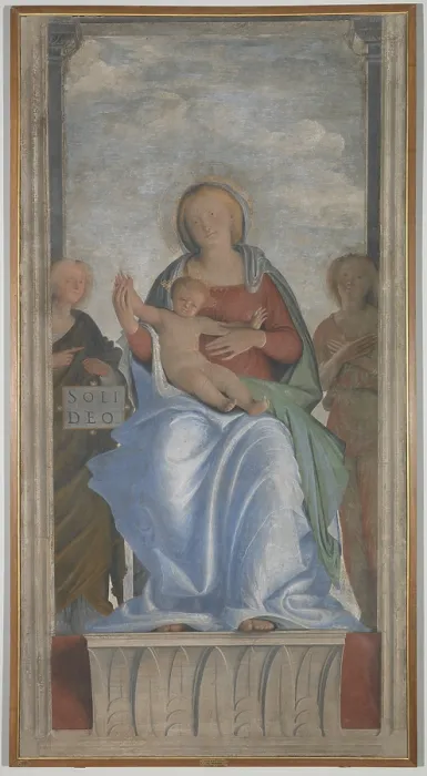 Framed Print : Madonna with Child and two Angels (Madonna con il Bambino e due angeli), by Bramantino, c. 1525, 16th Century, fresco, 240 x 135 cm - Whole artwork view Framed Print : Madonna with Child and two Angels (Madonna con il Bambino e due angeli), by Bramantino, c. 1525, 16th Century, fresco, 240 x 135 cm - Whole artwork view