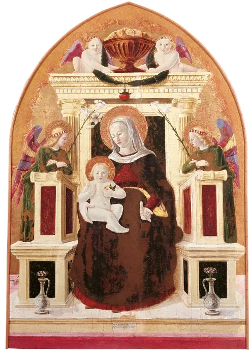 Framed Print : Madonna and Child Enthroned, angles and putti, by Giovanni Angelo di Antonio da Camerino, 1455 - 1460, 15th Century, tempera on panel, - Italy, Marche, Pesaro Urbino, Urbino