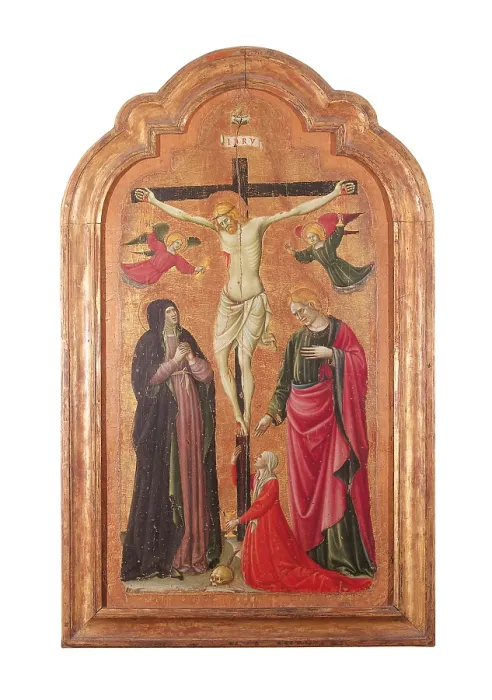 Framed Print : Madonna and Child Enthroned (recto) Crucifixion (verso), by Giovanni Antonio da Pesaro, 1460, 15th Century, tempera on panel, cm 132 x 82 - Italy, Marche, Pesaro Urbino, Urbino
