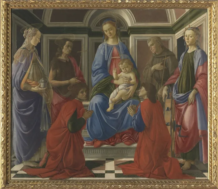 Framed Print : Madonna and Child Enthroned with Saints Mary Magdalene, John the Baptist, Cosmas and Damian, Francis of Assisi and Catherine of Alexandria (St) Framed Print : Madonna and Child Enthroned with Saints Mary Magdalene, John the Baptist, Cosmas and Damian, Francis of Assisi and Catherine of Alexandria (St)