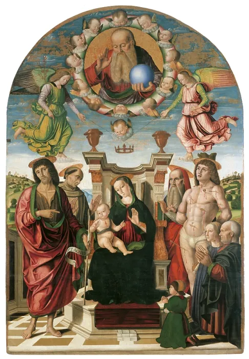 Framed Print : Madonna and Child Enthroned with St John Baptist, St Francis, St Jerome, St Sebastian (Pala Buffi), by Giovanni Santi, 1489 about, 15th Century, painting on curved panel