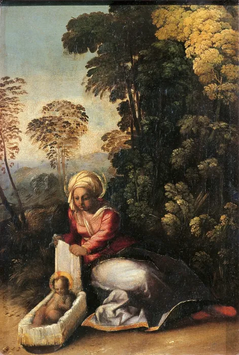 Framed Print : Madonna with Child (La Zingarella), by Giovanni Luteri know as Dosso Dossi, 1513 about, 16th Century, oil on panel, cm 49 x 34 - Italy, Emilia Romagna, Parma, National Gallery