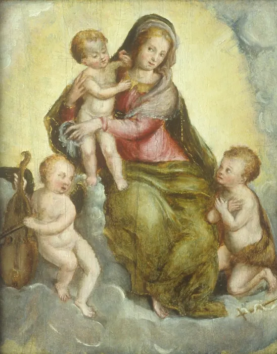 Framed Print : Madonna with Child, Little Saint John and Angel, by Livio Agresti also known as Ricciutello, 16th Century - Private collection. Whole artwork view
