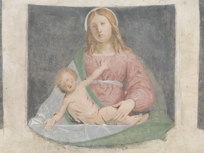 Framed Print : Madonna with Child (Madonna col Bambino), by Bramantino, 15th Century, fresco - Detail Framed Print : Madonna with Child (Madonna col Bambino), by Bramantino, 15th Century, fresco - Detail