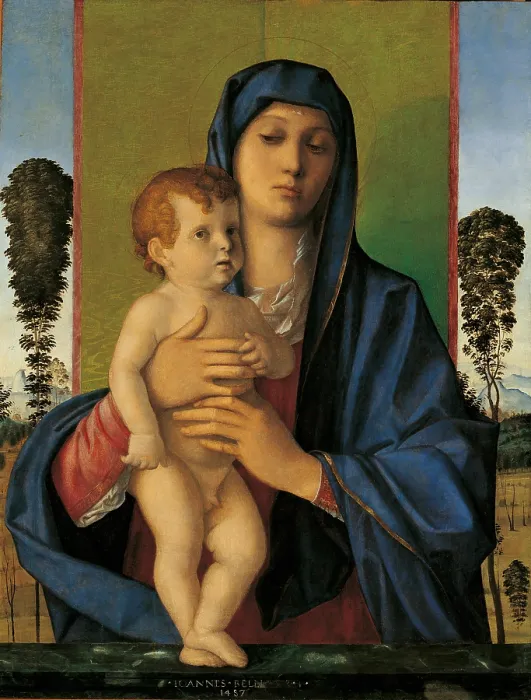 Framed Print : Madonna and Child (Madonna degli Alberetti), by Giovanni Bellini, 1487, 15th Century, oil on panel, cm 71 x 58 - Italy, Veneto, Venice, Accademia Art Galleries. All Framed Print : Madonna and Child (Madonna degli Alberetti), by Giovanni Bellini, 1487, 15th Century, oil on panel, cm 71 x 58 - Italy, Veneto, Venice, Accademia Art Galleries. All