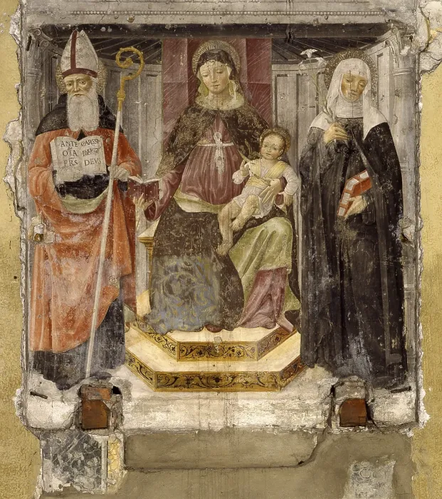 Framed Print : Madonna with Child, Saint Augustine and Saint Catherine from Siena, by Matteo della Chiesa, 15th Century, fresco, 175 x 175 cm - Italy, Lombardy, Lodi, Church of Saint Agnes